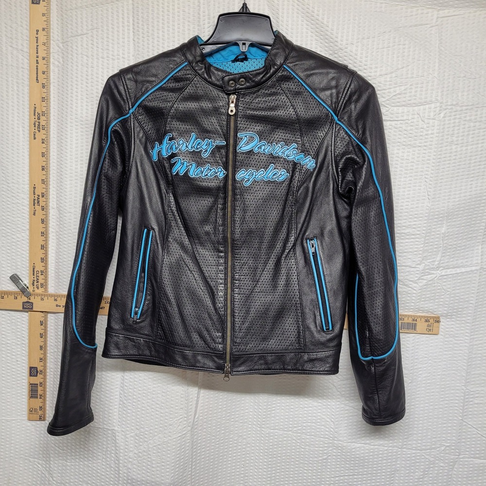 Harley-Davidson Womens Black Leather Perforated Riding‎ Jacket Blue Trim Large